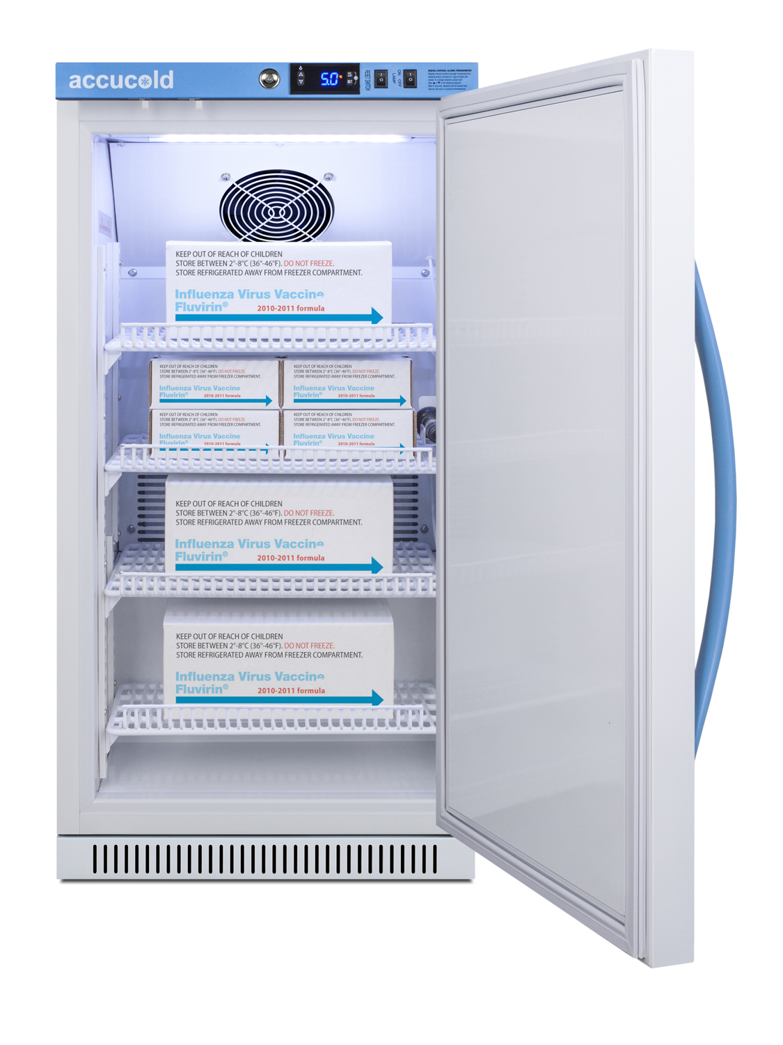 Performance series Pharma-Vac 2.83 cu.ft. ADA height solid door commercial all-refrigerator for the display and refrigeration of vaccines; designed for recessed or freestanding installation, with factory installed data logger